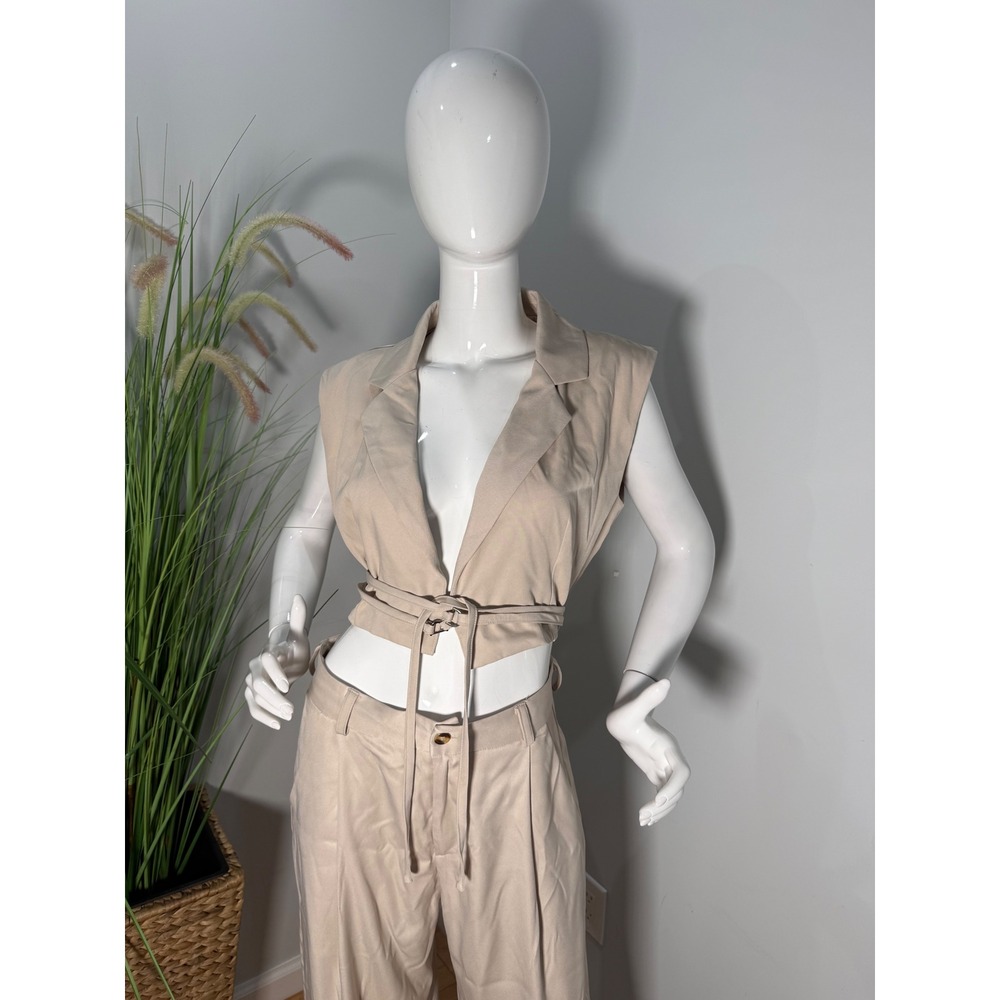 Micas Beige Two Piece Set‎ Crop Vest & Wide Leg Pants size L - Picture 4 of 12